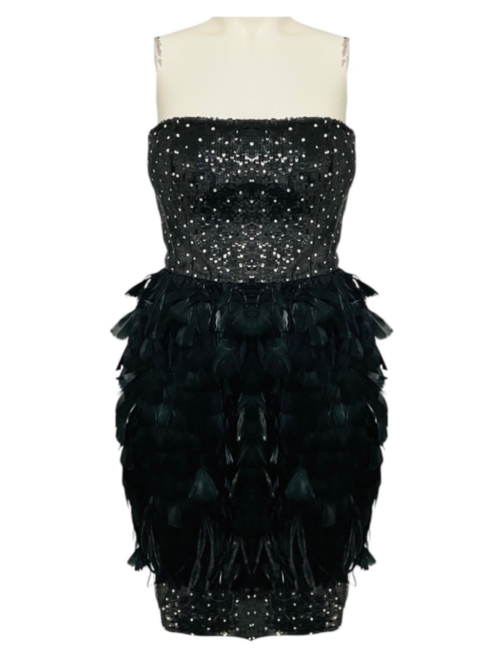 OSCAR DE LA RENTA BLACK SEQUIN AND FEATHER EMBELLISHED STRAPLESS COCKTAIL DRESS